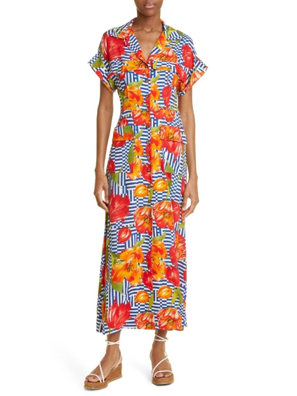 $1490 Lela Rose Women's Short Sleeve Midi Shirt Dress Floral Red Multi Size 10